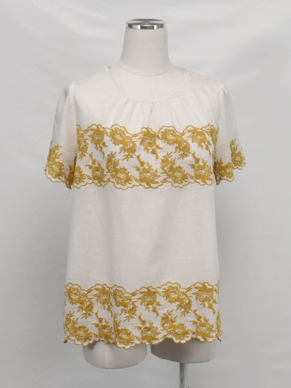 LOFT Medium White Linen Blend Yellow Embroidered Floral Blouse
